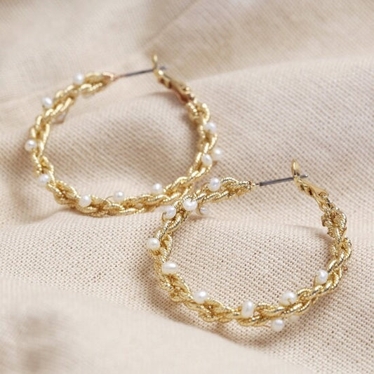 Twisted Freshwater Pearl and Gold Large Hoops