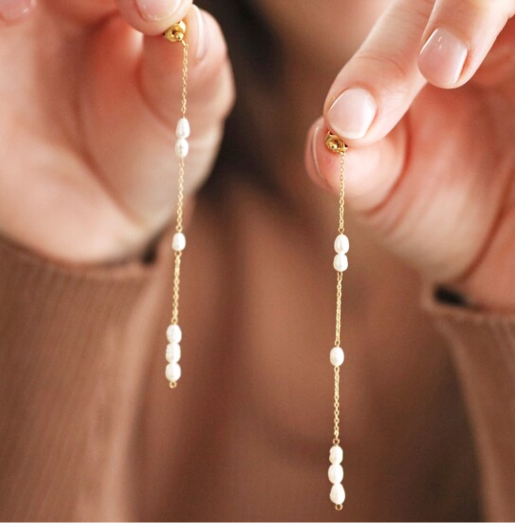 Gold Long Chain Freshwater Pearl Earrings