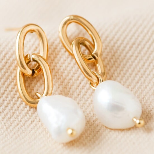 Gold Freshwater Pearl Link Chain Earrings