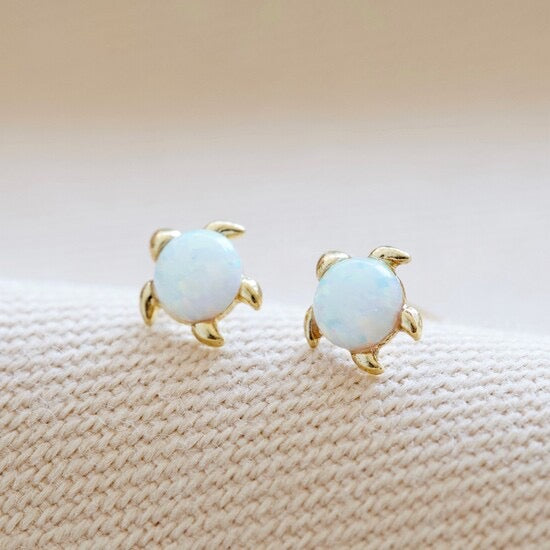 Gold Opal Turtle Stud Earrings
