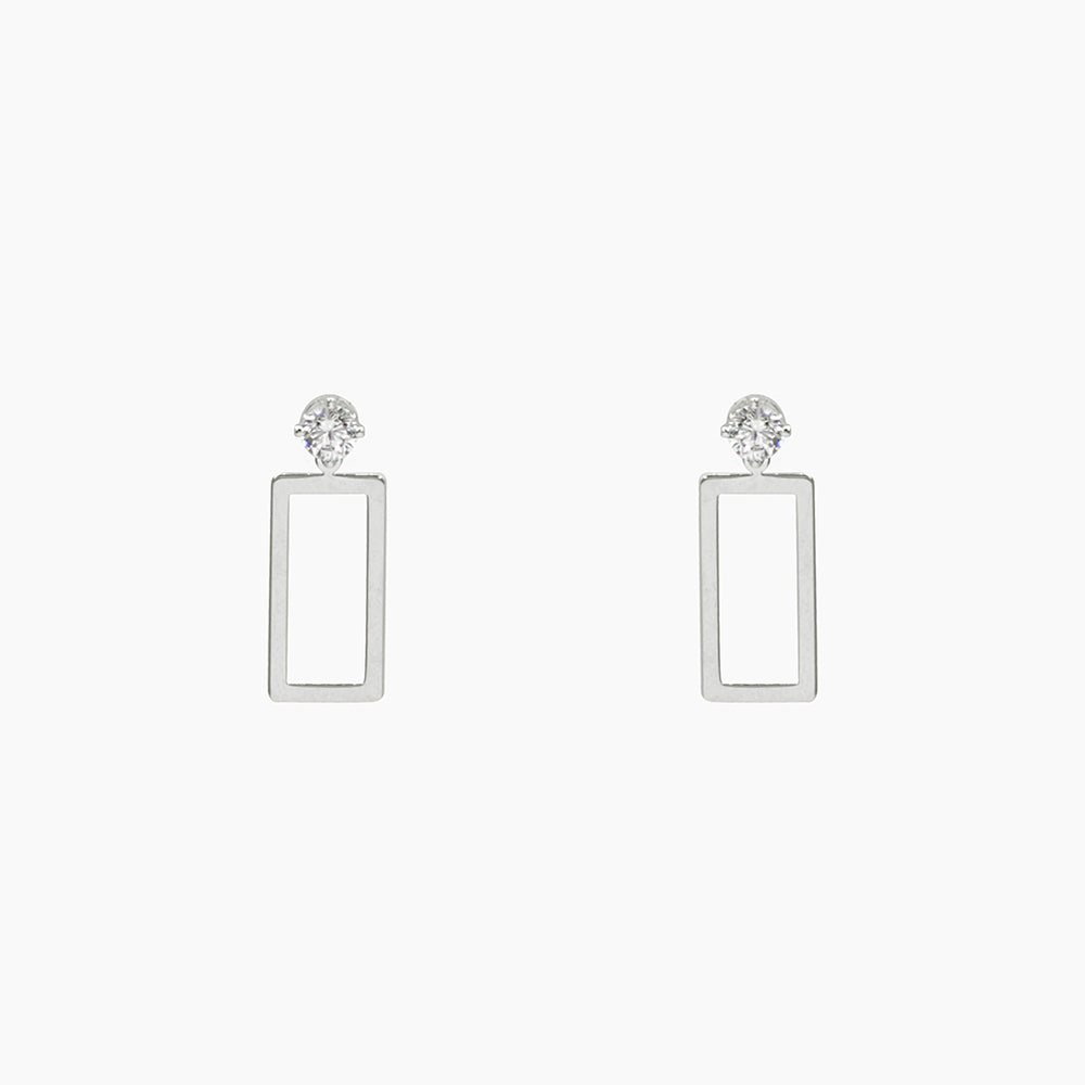Silver Open Rectangular Drops With Single White Crystal Stud