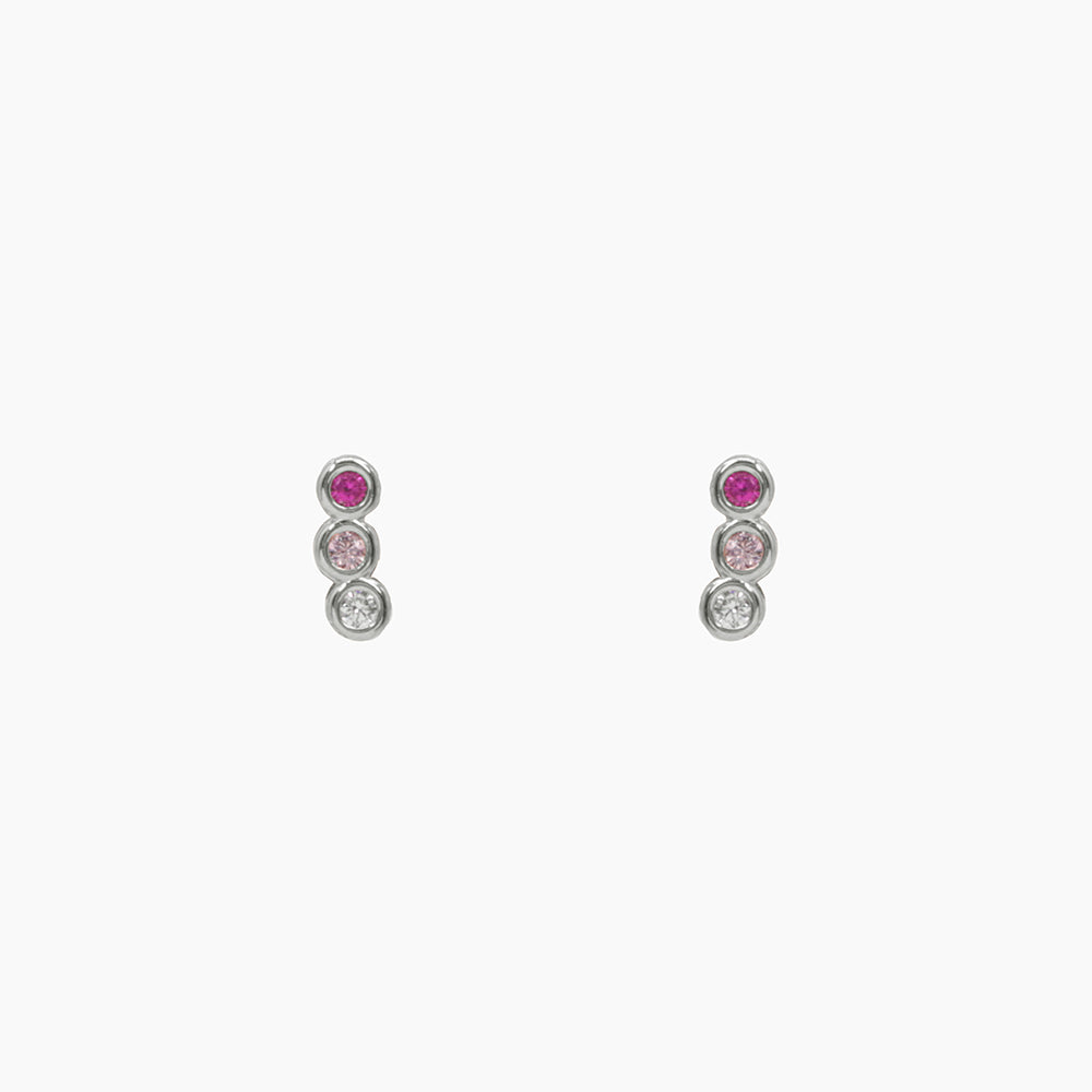 Tiny Pair of Silver Pink Curved Bar Studs With 3 Round Crystals