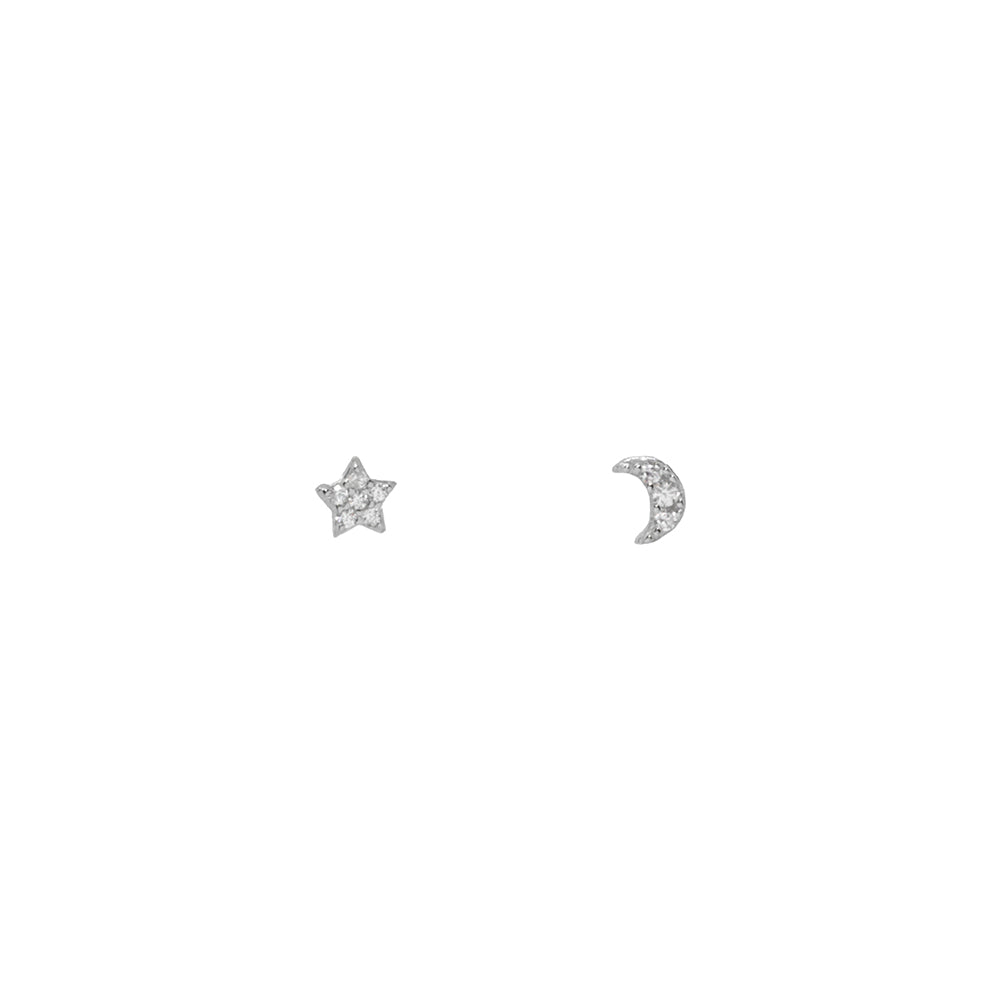 Tiny Silver Mismatched Star and Moon Studs