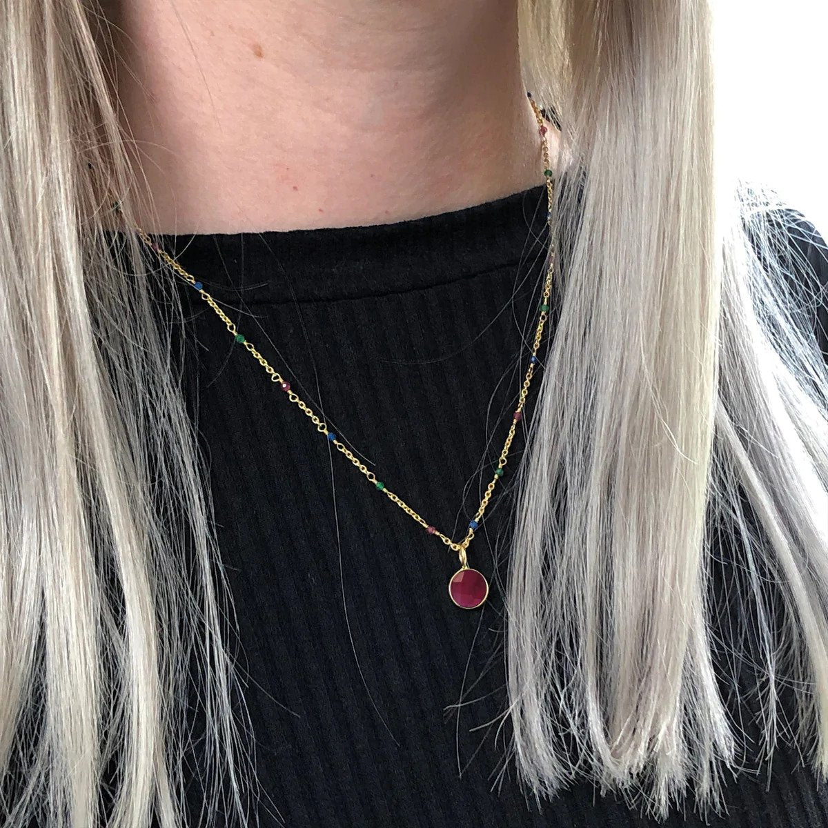 Astro Ruby Pendant with Gold Multi Gemstone Rosary Chain