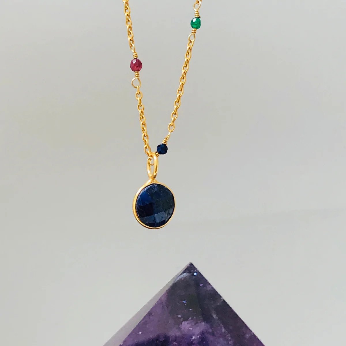 Astro Sapphire Pendant with Gold Multi Gemstone Rosary Chain
