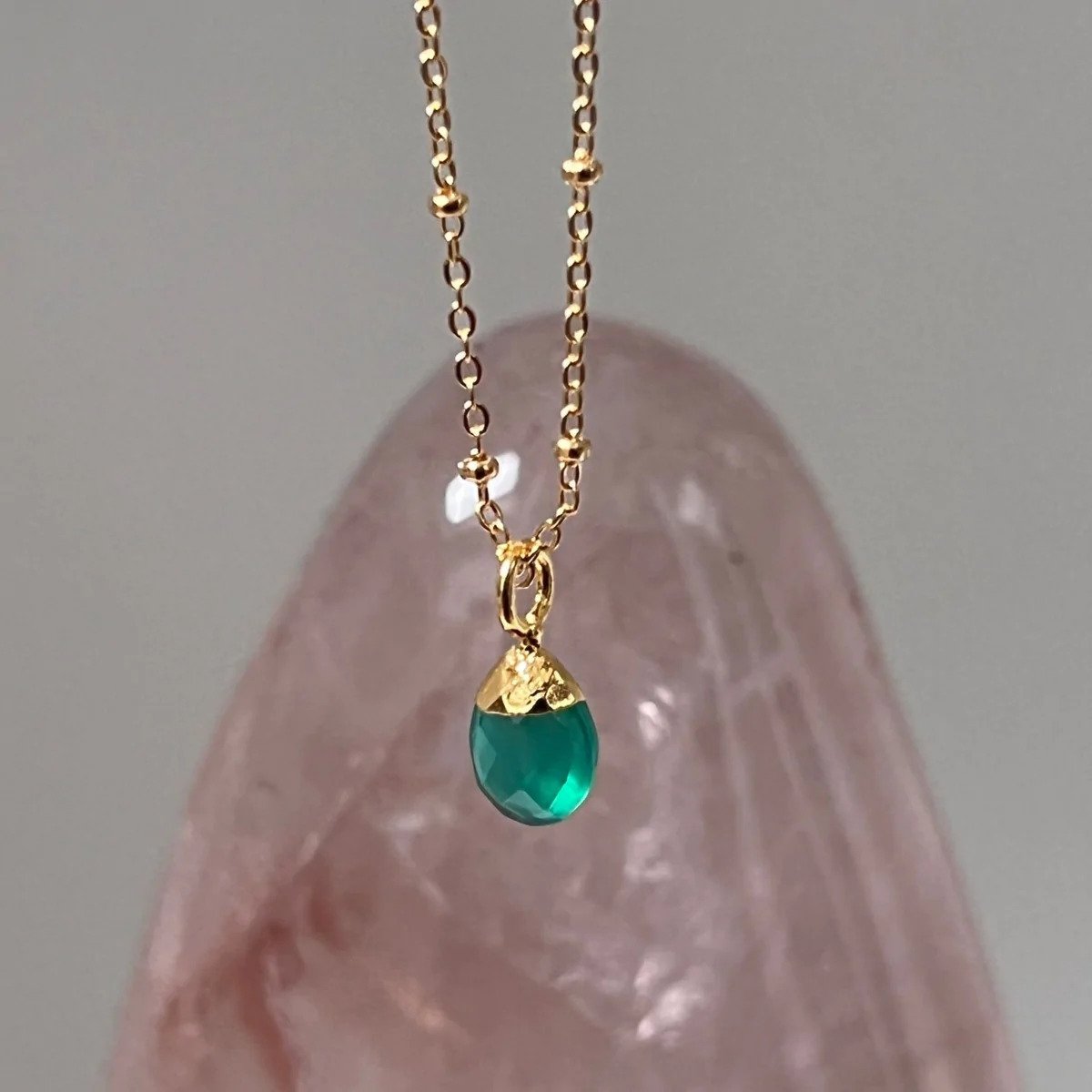 Green Onyx Briolette Pendant on Gold Satellite Chain