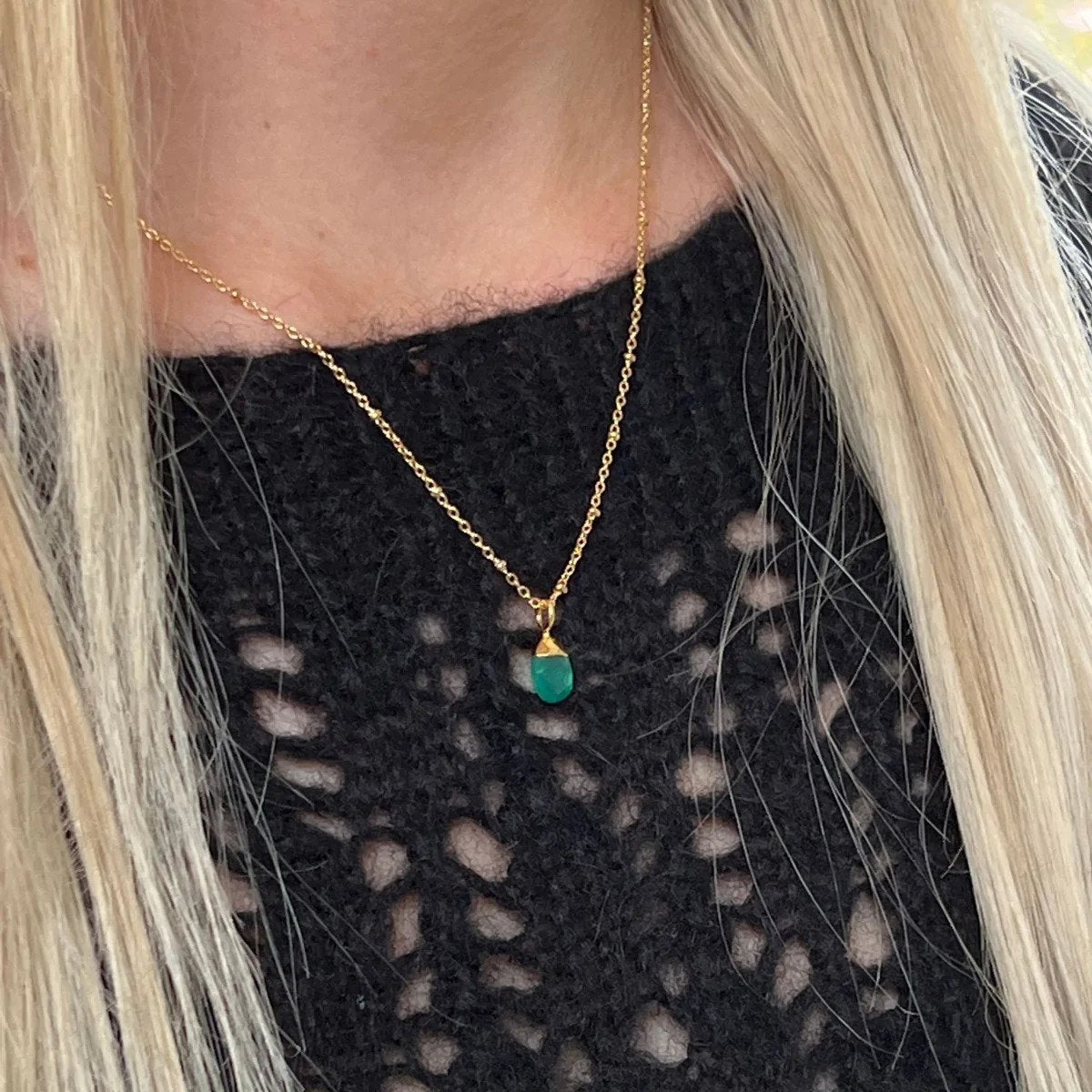 Green Onyx Briolette Pendant on Gold Satellite Chain