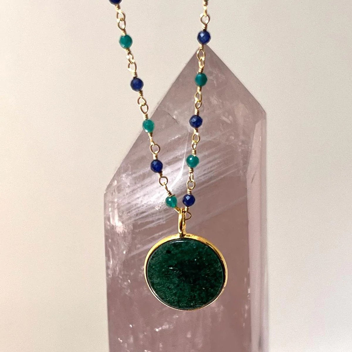 Jade Coin Pendant (Bezel) Set on Emerald and Sapphire Rosary Chain