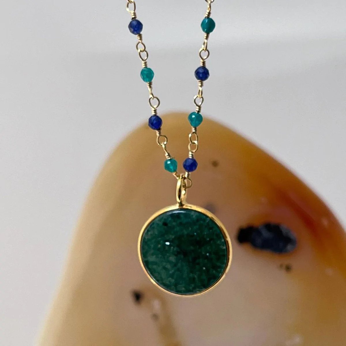 Jade Coin Pendant (Bezel) Set on Emerald and Sapphire Rosary Chain