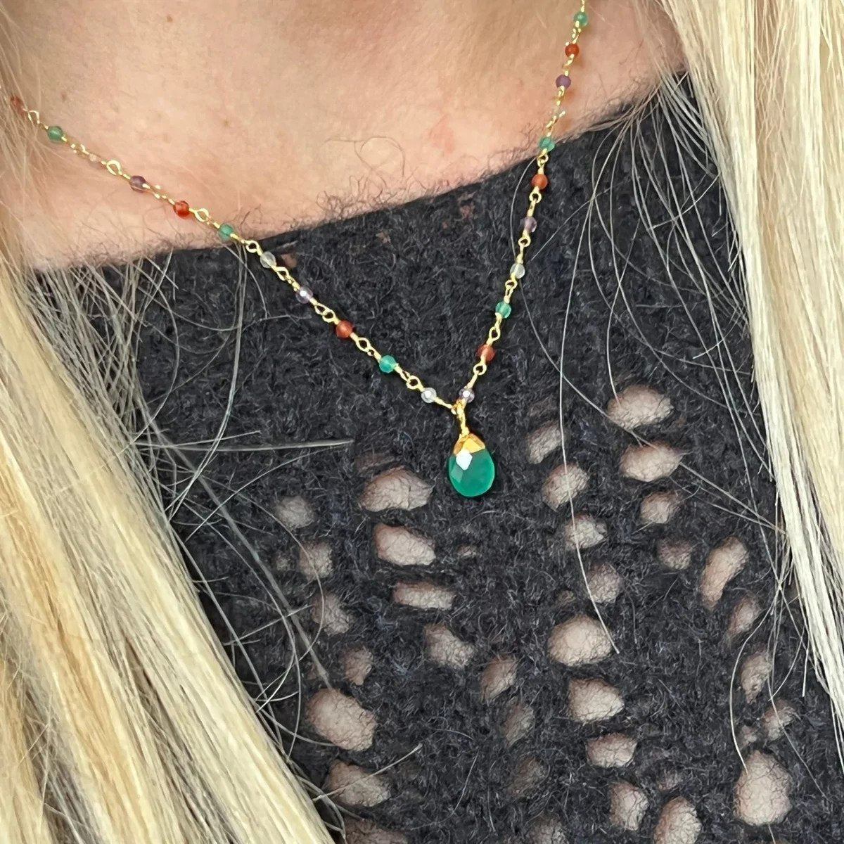 Green Onyx Briolette Pendant on Gold Multi Gemstone Light Rosary Chain