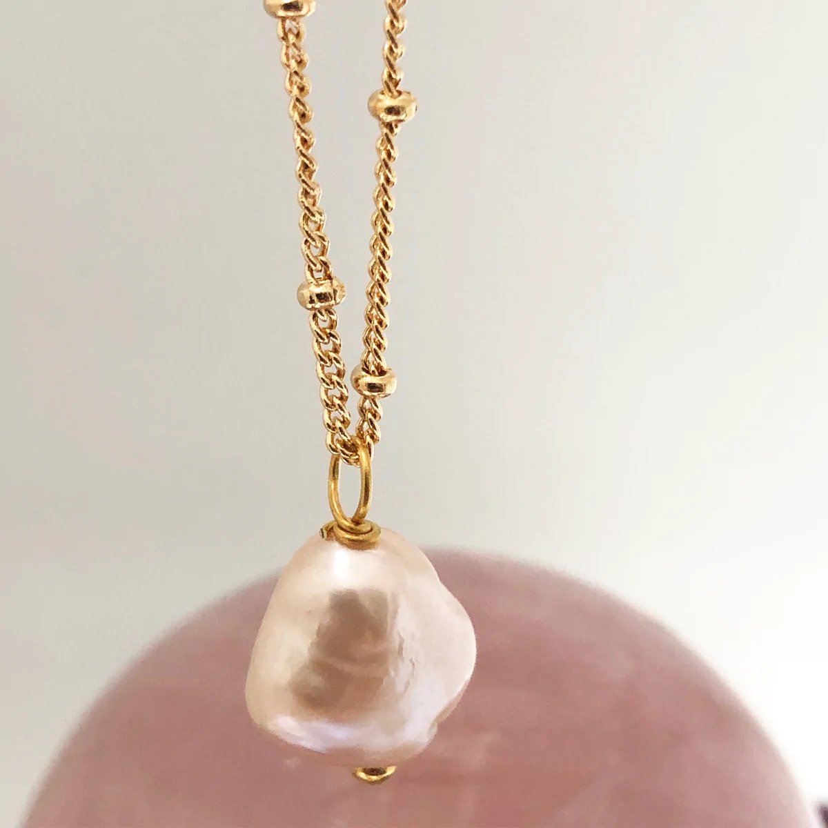 Large Pink Baroque Pearl Pendant on Gold Biba Chain